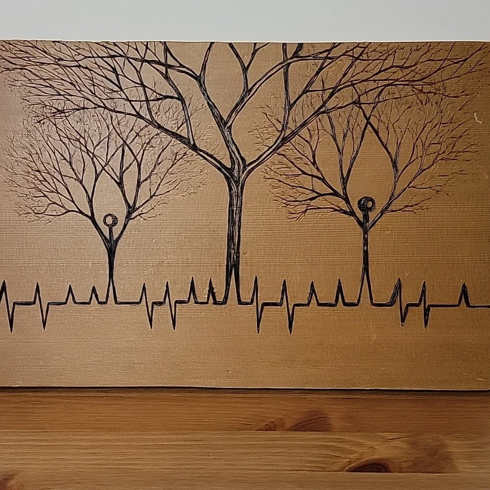 Pyrogrophy - Wood Art with Tree and Heartbeat Design - Burn Art - Picture 1 of 6